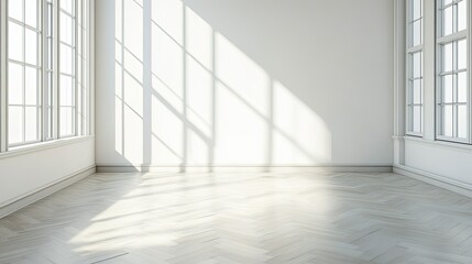 Obraz premium Empty room interior with a modern minimalist design, featuring sleek fishbone flooring, plain white walls, and sunlight streaming in, creating a bright space