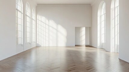 Fototapeta premium Empty room interior with a modern minimalist design, featuring sleek fishbone flooring, plain white walls, and sunlight streaming in, creating a bright space
