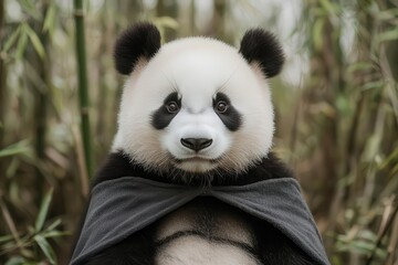 Fototapeta premium Panda in a wizard s cloak sitting in a bamboo forest, Panda in wizard costume, nature magic, calm and mystical