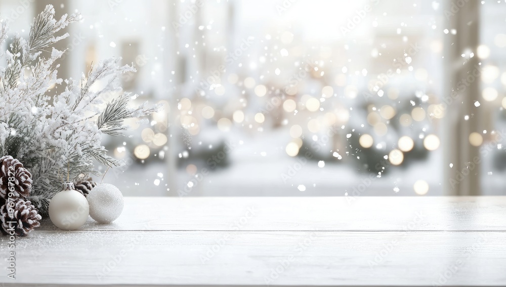 Poster abstract blurred white bokeh background with tabletop for new year's product display and snow
