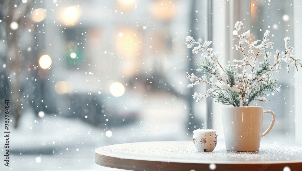 Poster abstract blurred white bokeh background with tabletop for new year's product display and snow