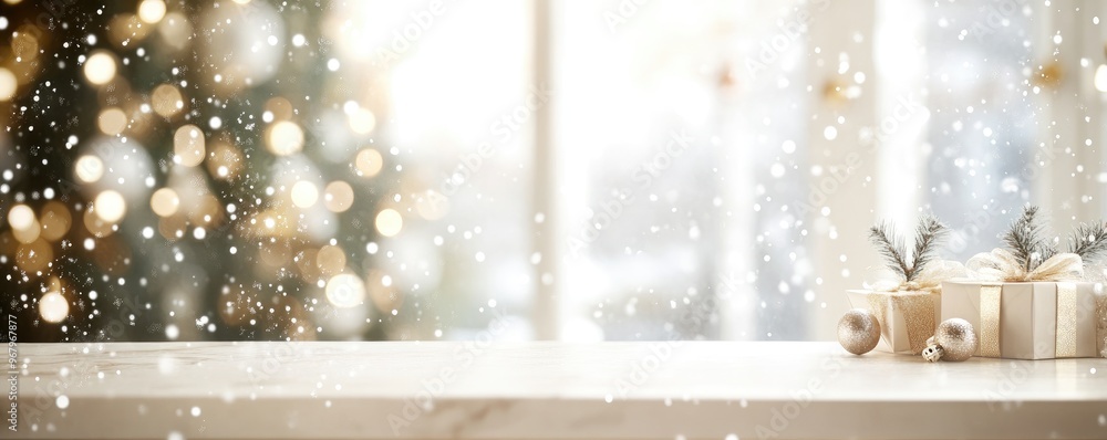 Poster abstract blurred white bokeh background with tabletop for new year's product display and snow