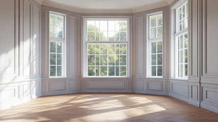 Empty space with a large bay window and wooden floors, walls painted in soft neutral shades, ideal for creating a contemporary, light-filled interior