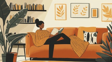 Fototapeta premium A cozy afternoon at home with a woman relaxing on an orange sofa, reading a book surrounded by houseplants and warm decor