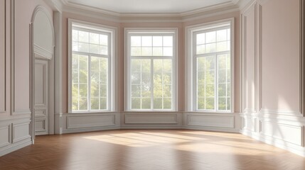 Empty space with a large bay window and wooden floors, walls painted in soft neutral shades, ideal for creating a contemporary, light-filled interior