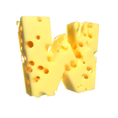 Cheese alphabet. Letter W on transparent background, 3d render.