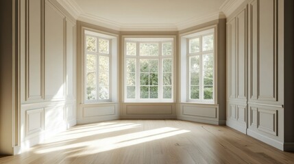 Fototapeta premium Empty space with a large bay window and wooden floors, walls painted in soft neutral shades, ideal for creating a contemporary, light-filled interior