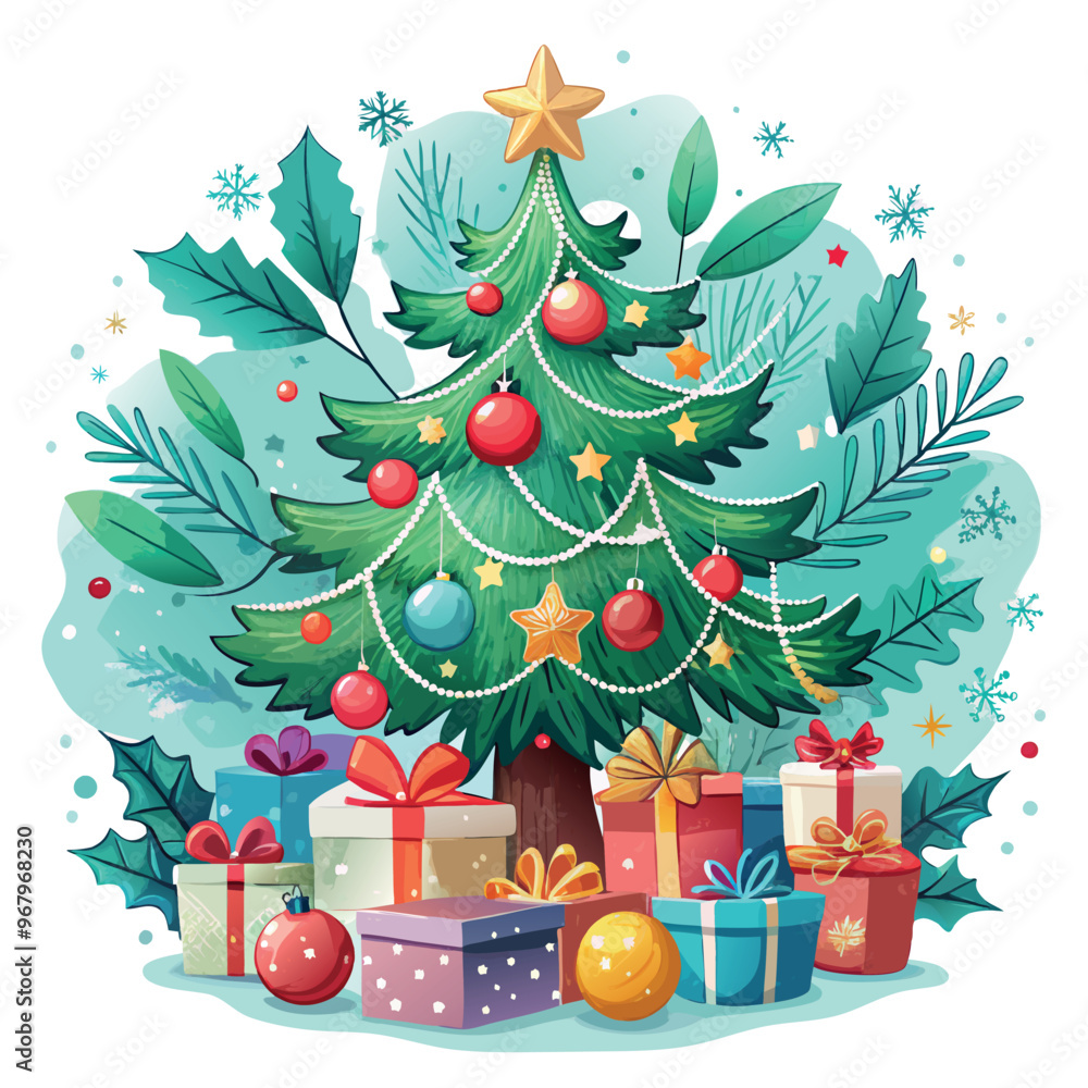 Poster a christmas tree with many ornaments and a star on top. there are also presents and a box in the bac