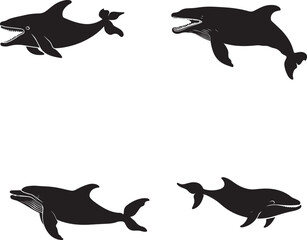 Fototapeta premium Silhouette icon whales open mouth chasing small