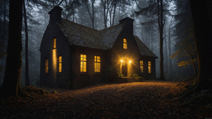 Rustic house in an autumn forest with soft lighting creating a warm and cozy atmosphere at twilight.