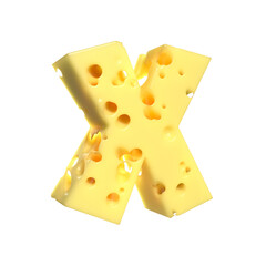 Cheese alphabet. Letter X on transparent background, 3d render.