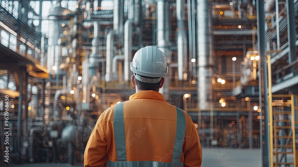 Aufkleber engineer standing in front of complex refinery machinery, with a focus on monitoring and controlling
