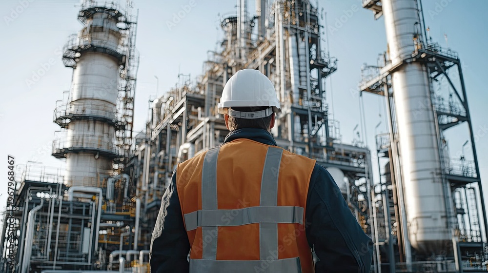 Aufkleber engineer standing in front of complex refinery machinery, with a focus on monitoring and controlling