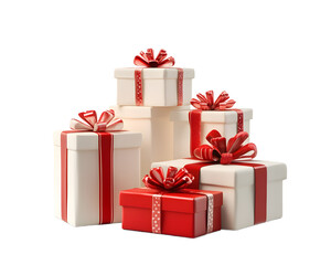 Gift Pile: A stack of wrapped gifts with red ribbons and bows against a white background, perfect for holiday marketing and festive visuals.  