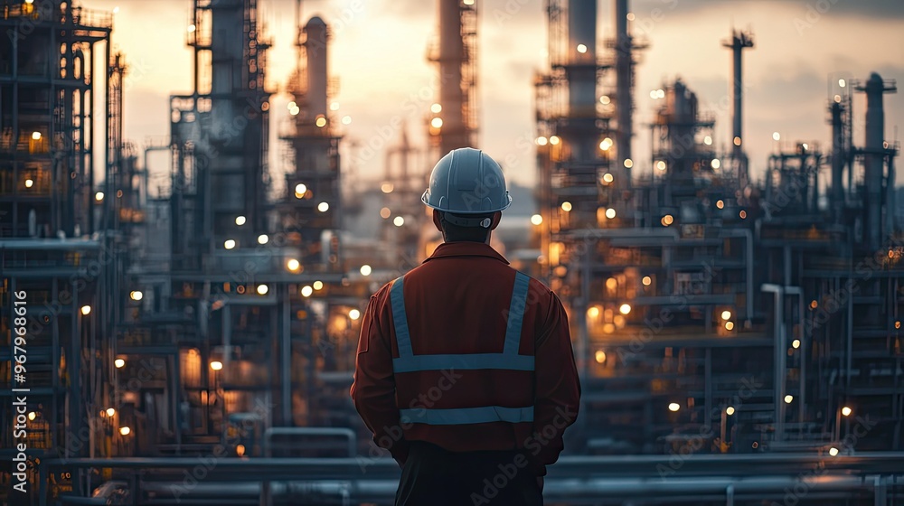 Aufkleber engineer standing in front of complex refinery machinery, with a focus on monitoring and controlling