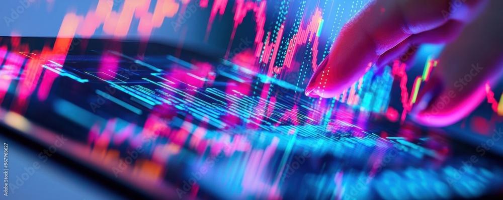 Poster dynamic financial analysis on a digital tablet with vibrant graphs and data visualization.