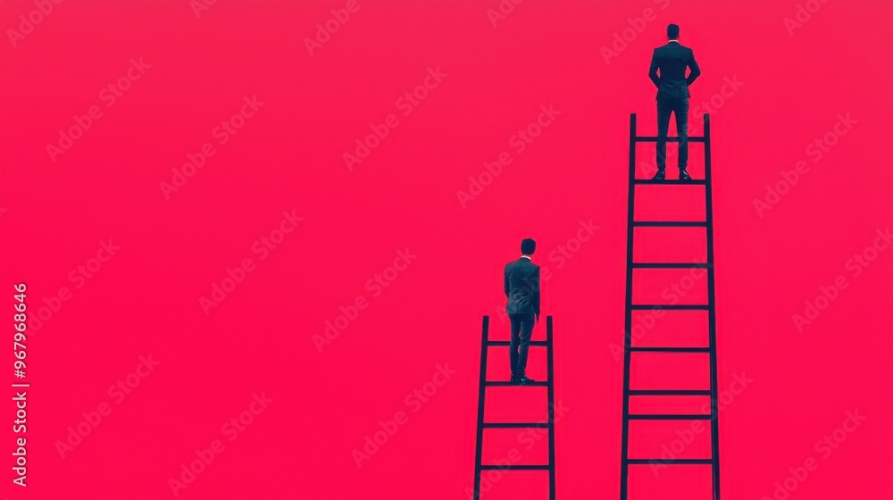 Poster a set of ladders at different heights, with one person climbing while others stand observing, repres