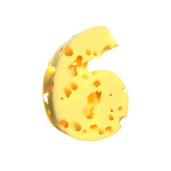 Cheese alphabet. Number 6 on transparent background, 3d render.