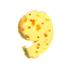 Cheese alphabet. Number 9 on transparent background, 3d render.