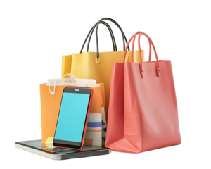 Online Shopping Spree: A vibrant still life featuring a smartphone, tablet, and colorful shopping bags, symbolizing the ease and convenience of online shopping. The image evokes a sense of excitement 