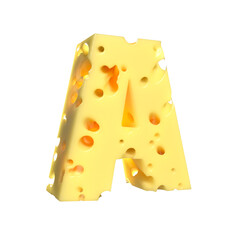 Cheese alphabet. Letter A on transparent background, 3d render.
