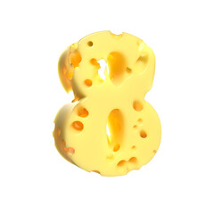 Cheese alphabet. Number 8 on transparent background, 3d render.