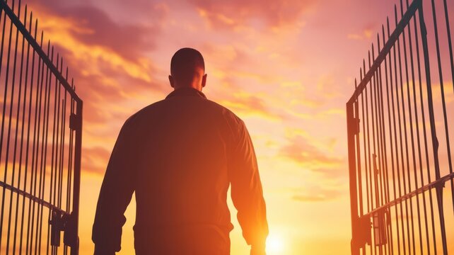 Prisoner being released, walking out through the gates into the sunlight, Life after prison, freedom