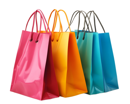 Colorful Shopping Spree: Vibrant paper bags ready for retail therapy, isolated on white.