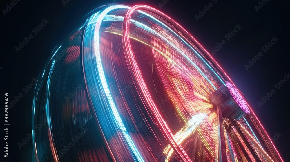 Wall mural A vibrant, illuminated Ferris wheel captured in motion against a dark background.