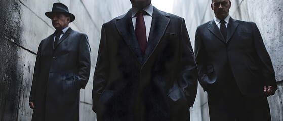 Three men in suits walking down a dark alley in a city evoking the political intrigue and espionage of the Cold War era  This dramatic