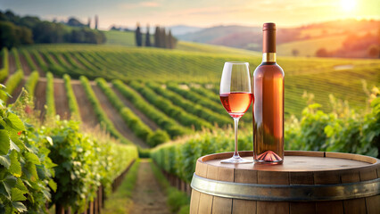 Bottle of Pink Wine and Glass on a Barrel in a Vineyard