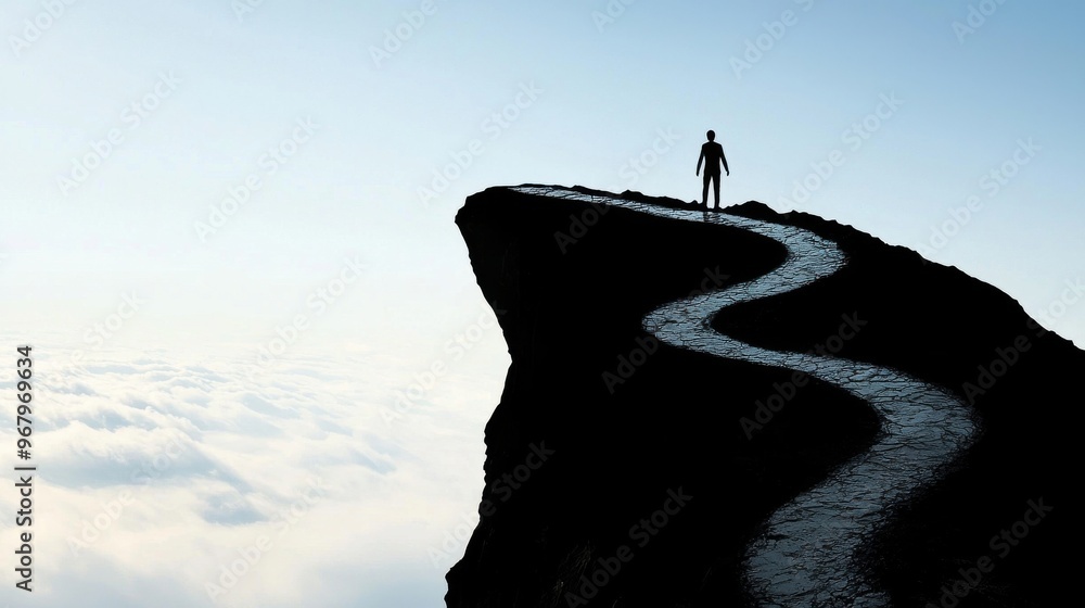 Aufkleber a silhouette of a person standing on the edge of a cliff with various paths stretching out in front 