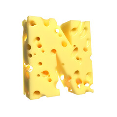 Cheese alphabet. Letter N on transparent background, 3d render.