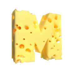 Cheese alphabet. Letter M on transparent background, 3d render.