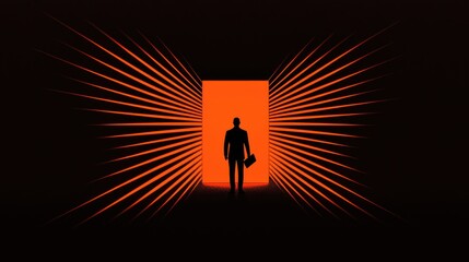 Fototapeta premium A silhouetted figure standing at the threshold of a door, holding a resume or document, with light rays shining through, representing a new beginning after an exit interview