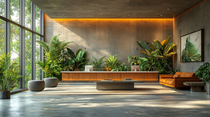 Modern lobby with a wooden reception desk, lush greenery, and a comfortable couch.