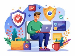 Cybersecurity and Data Protection Vector Art of Online Security with Shield Icons on White Background