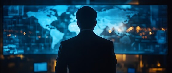 Silhouetted figure standing in front of a large screen displaying a global intelligence network map