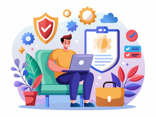 Cybersecurity and Data Protection Vector Art of Online Security with Shield Icons on White Background