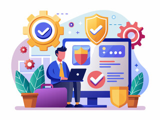 Cybersecurity and Data Protection Vector Art of Online Security with Shield Icons on White Background