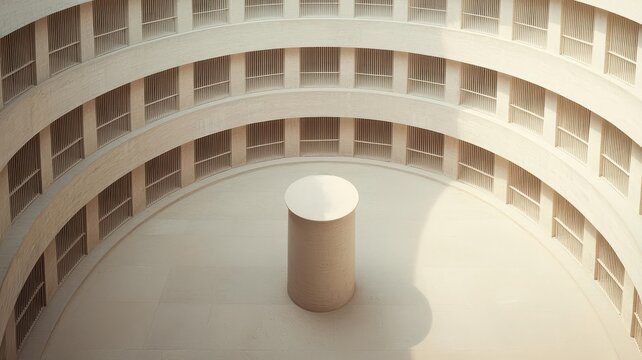 Rows of prison cells in a circular block, watched over by a single guard in a central tower, Panopticon design, surveillance and control
