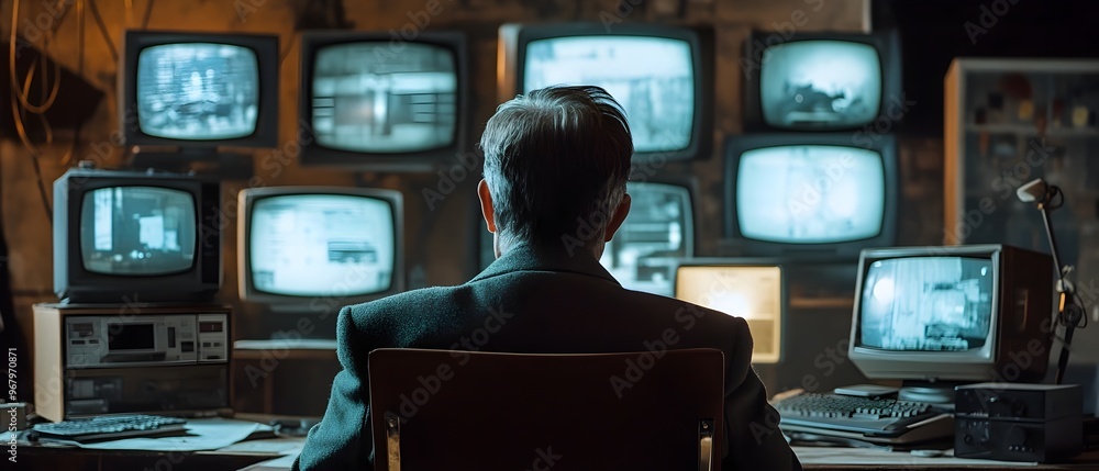 Poster technician sitting at a desk intently monitoring multiple surveillance screens displaying classified