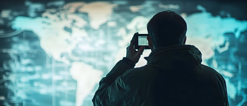 Silhouetted shadowy figure of a spy or agent tracking and pursuing defectors during a covert espionage mission in a dimly lit city at night