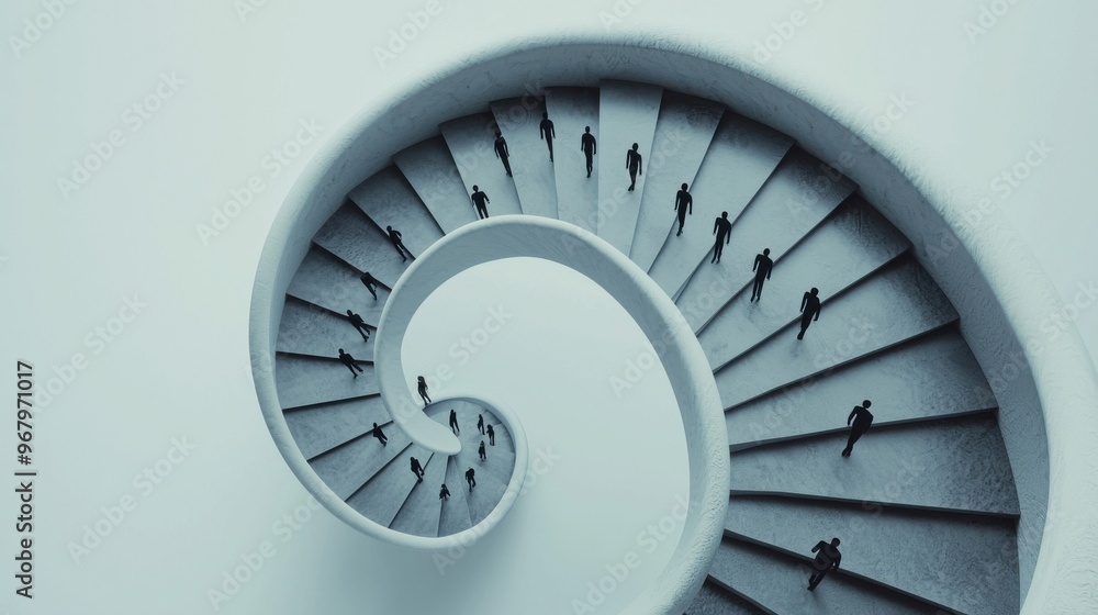 Poster a spiral staircase made of abstract shapes and symbols, with figures ascending it from different ent
