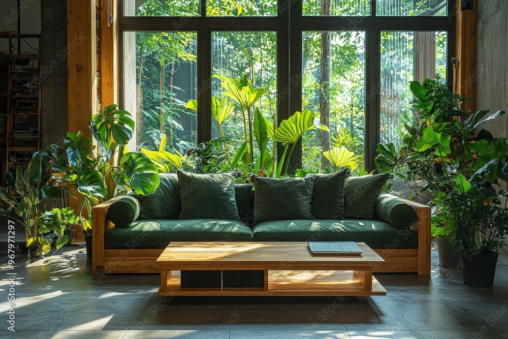Poster a comfortable green sofa adorned with plush pillows sits in a bright room, surrounded by lush indoor