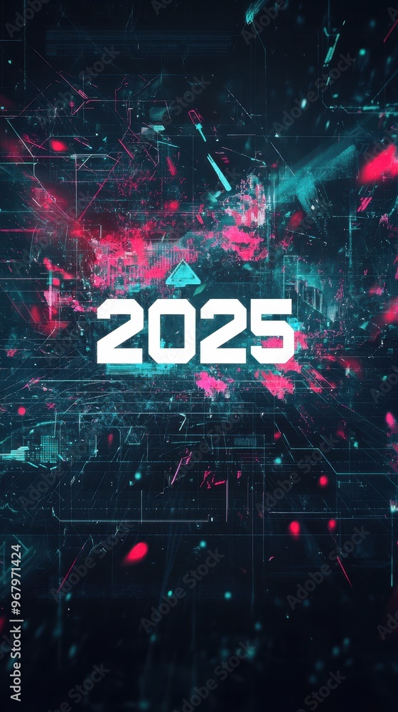 Fototapete the banner showcases the year 2025 in bold text, surrounded by dynamic abstract patterns and bright 