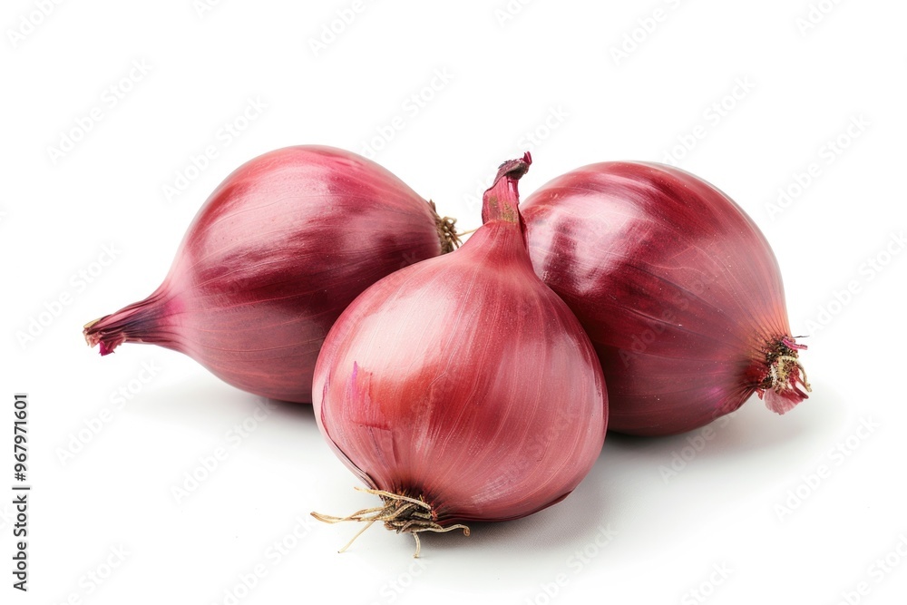 Poster Close-up of three red onions on a white surface