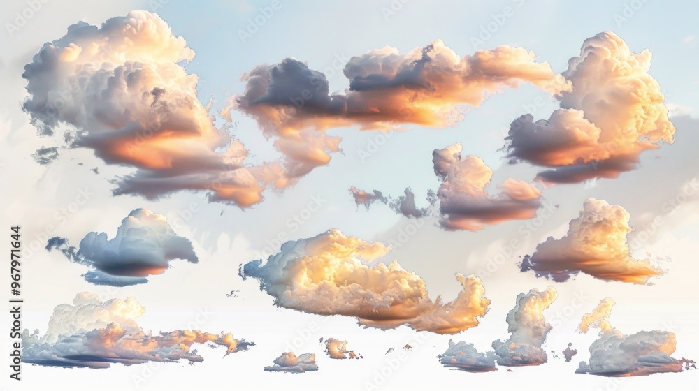 Poster a collection of white clouds floating gently across a blue sky, ideal for backgrounds or weather-rel