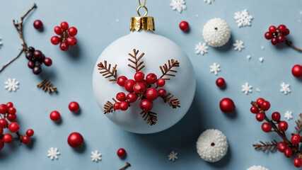 Fototapeta premium White Christmas ornament with red berries and snowy pine branches on a light blue background.