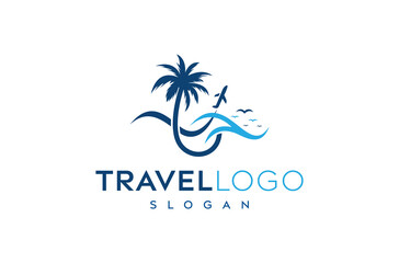 Travel vector logo design, Modern Travel with beach logo, travel, airplane, birds, beach, water flow vector logo design